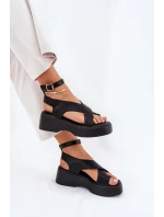 Sandały Damskie Na Platformie I Koturnie Eko Skórzane Czarne Tenzorus