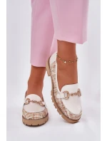 Skórzane Mokasyny Damskie Ze Złotym Detalem Laura Messi 2938 Jasnobeżowe