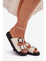 Klapki Damskie Z Klamrami Na Platformie Beżowe Elamas