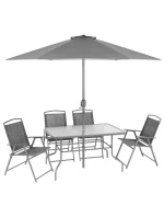 SET ZÁHRADNÉHO NÁBYTKU STÔL 4 STOLIČKY A SLNEČNÍK SIVÝ SET ZÁHRADNÉHO NÁBYTKU STÔL 4 STOLIČKY A SLNEČNÍK SIVÝ