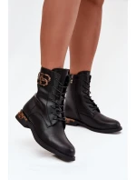 Skórzane Botki Damskie Na Płaskim Obcasie Z Ozdobą Ocieplane Artiker 57C1064 Czarne
