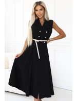 596-3 Elegantná midi košeľa so zlatými gombíkmi a opaskom - ČIERNA