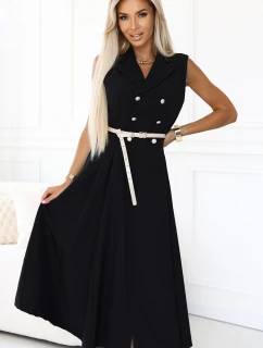 596-3 Elegantná midi košeľa so zlatými gombíkmi a opaskom - ČIERNA