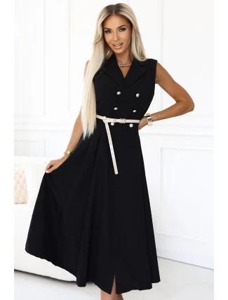 596-3 Elegantná midi košeľa so zlatými gombíkmi a opaskom - ČIERNA