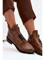 Ocieplane Skórzane Botki Damskie Z Ozdobnym Detalem Brązowe Briselda