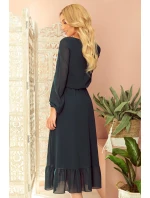 Dámske šifónové šaty v fľaškovo zelenej farbe v dĺžke midi, s dekoltom a volánikom 304-2 Dámske šifónové šaty v fľaškovo zelenej farbe v dĺžke midi, s dekoltom a volánikom 304-2