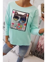 Blúzka s 3D grafikou mačky v mätovej farbe Blúzka s 3D grafikou mačky v mätovej farbe