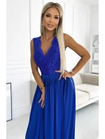 211-7 LEA dlhé šaty s čipkovaným výstrihom - MODRÉ