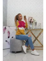 Geometrický vzorovaný sveter fuchsiová + horčicová