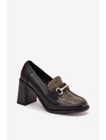 Półbuty Damskie Na Słupku Z Tłoczeniem I Złotym Detalem Zielono-Czarne Novella