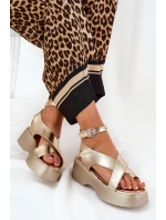 Sandały Damskie Na Platformie I Koturnie Eko Skórzane Złote Tenzorus