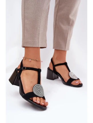 Skórzane Sandały Na Słupku Z Ozdobą D&A JC51-842 Czarne
