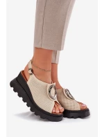 Skórzane Sandały Damskie Na Koturnie Z Ozdobą Artiker 56C0111 Beżowe