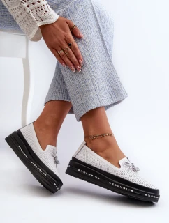 Mokasyny Damskie Skórzane Na Platformie S.Barski LR400 Białe