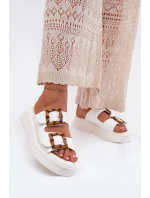 Eko Skórzane Klapki Damskie Na Platformie Z Klamrami Białe Xanivia