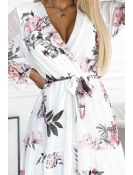 436-2 VALENTINA Midi šaty s výstrihom a opaskom - BIELE S RUŽOVOU 436-2 VALENTINA Midi šaty s výstrihom a opaskom - BIELE S RUŽOVOU