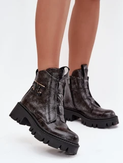 Skórzane Lakierowane Botki Damskie Z Ozdobą Ocieplane Artiker 57C2081 Grafitowe