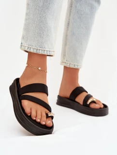 Materiálové dámské pantofle s pásky a zlatým detailem Černé Farielle