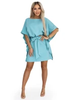 287-40 SOFIA Motýlie šaty so zaväzovaním v páse - pastelovo tyrkysové