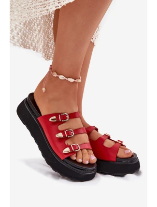 Klapki Damskie Na Platformie Z Paskami Czerwone Nimiotte