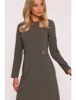S419 Šaty s ozdobnými gombíkmi v páse - khaki S419 Šaty s ozdobnými gombíkmi v páse - khaki