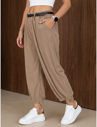 Dámske bavlnené manšestrové nohavice s opaskom, béžové, FashionStreet UY3169