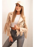 Dámska bunda z ekokože v boho štýle so strapcami svetlo ťavej farby