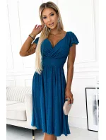 425-5 MATILDE Šaty s výstrihom a krátkymi rukávmi - MARINE s trblietkami