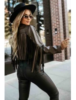 624-4 Krátka bunda so strapcami z mäkkej ekokože - čokoládová