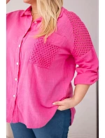 Dámske bavlnené tričko s golierom a čipkovou vložkou v ružovej farbe