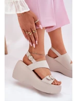 Skórzane Sandały Damskie Na Koturnie I Platformie S.Barski LR51-540 Beżowe Skórzane Sandały Damskie Na Koturnie I Platformie S.Barski LR51-540 Beżowe