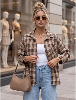 Dámska kockovaná košeľa s bavlnou, hnedá, FashionStreet DY0494 Dámska kockovaná košeľa s bavlnou, hnedá, FashionStreet DY0494
