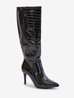 Kozaki Na Szpilce Z Tłoczeniem Czarne Reanwenna