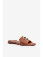 Skórzane Klapki Z Ozdobą Na Płaskim Obcasie Lewski 3047/O Camel