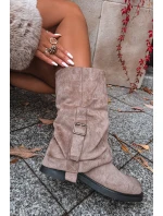 Kozaki Damskie Z Wywiniętą Cholewką Do Połowy Łydki Z Klamrą Khaki Minelle