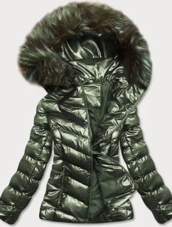 Lesklá dámska zimná bunda s kapucňou zelená (5m773-238)