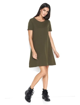 Dámske šaty na denné nosenie vo voľnom strihu krátkej khaki - Khaki - Makadamové Dámske šaty na denné nosenie vo voľnom strihu krátkej khaki - Khaki - Makadamové