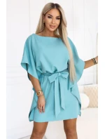 287-40 SOFIA Motýlie šaty so zaväzovaním v páse - pastelovo tyrkysové
