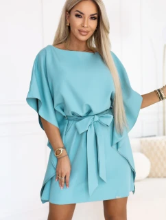 287-40 SOFIA Motýlie šaty so zaväzovaním v páse - pastelovo tyrkysové