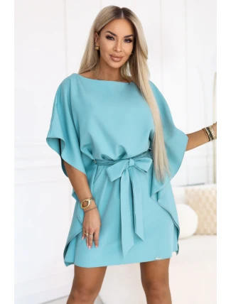 287-40 SOFIA Motýlie šaty so zaväzovaním v páse - pastelovo tyrkysové