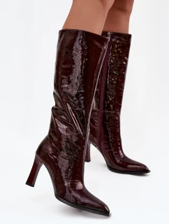 Skórzane Lakierowane Kozaki Damskie Ocieplane D&A CR52-716 Bordowe