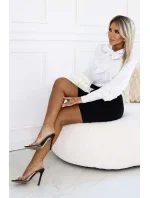 578-2 Wyjątkowa biznesowa bluzka z długim rękawkiem, wiązaniem i guzikami - biała w srebrny wzór