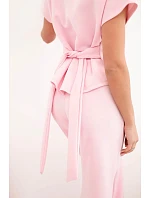 Dámska súprava z mäkkého lesklého materiálu s blúzkou s krátkym rukávom a širokými nohavicami candy pink