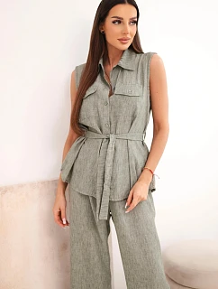 Dámska súprava s blúzkou na zaväzovanie a širokými nohavicami khaki farby