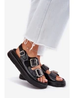 Skórzane Lakierowane Sandały Damskie Z Klamrami Big Star RR274662 Czarne