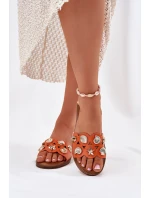 Klapki Damskie Na Płaskim Obcasie Ze Złotymi Przypinkami Pomarańczowe Nalothiel