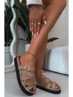 Dámské pantofle s pásky a zlatým sponou Tmavě béžové Roselisse