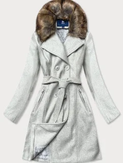 Šedý dámsky kabát s kožušinou (JC241)
