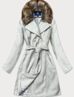 Šedý dámsky kabát s kožušinou (JC241)