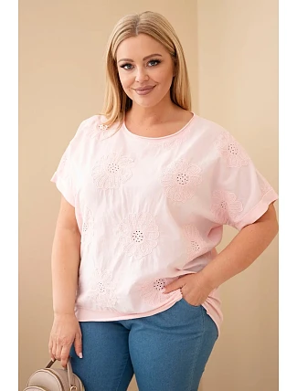 Dámske Plus veľkosť bavlnená blúzka s vyšívanými kvetmi Candy Pink Dámske Plus veľkosť bavlnená blúzka s vyšívanými kvetmi Candy Pink